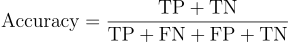 $\textrm{Accuracy} = \frac{\textrm{TP} + \textrm{TN}}{\textrm{TP} + \textrm{FN} + \textrm{FP} + \textrm{TN}}$
